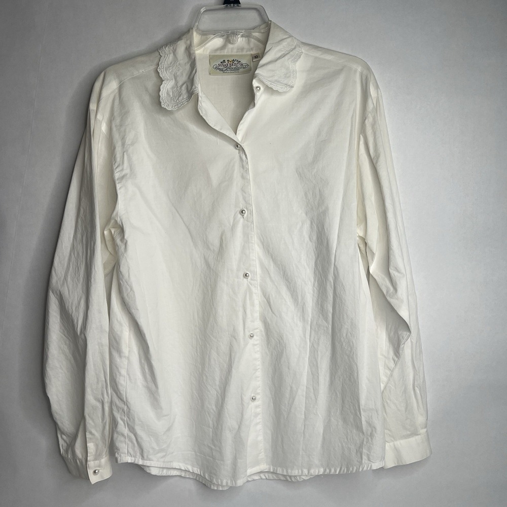Susan Bristol Women's White Cotton Long Sleeve Embroidered Collar 10 Classic